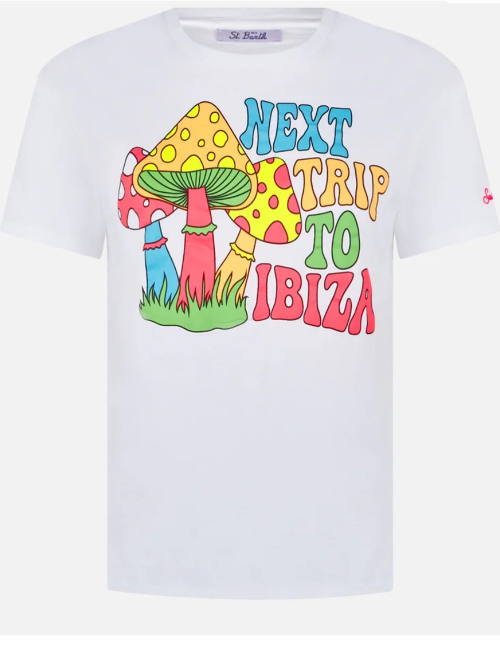 EMILIE WHITE COTTON T-SHIRT WITH MUSHROOMS IBIZA PRINT Sz M